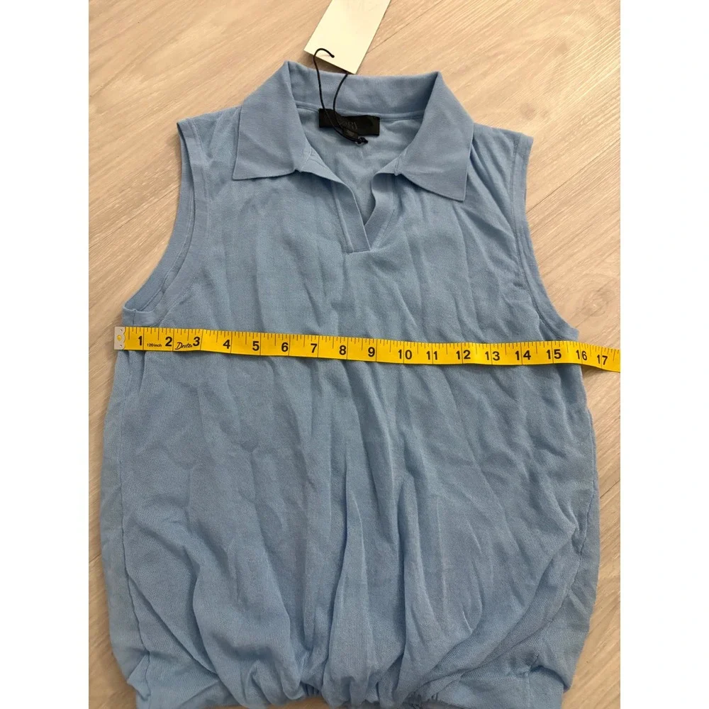 Zara Women Polo Top Sleeveless Knit Top Light Blue V-Neck Elastic Hem Size S NWT